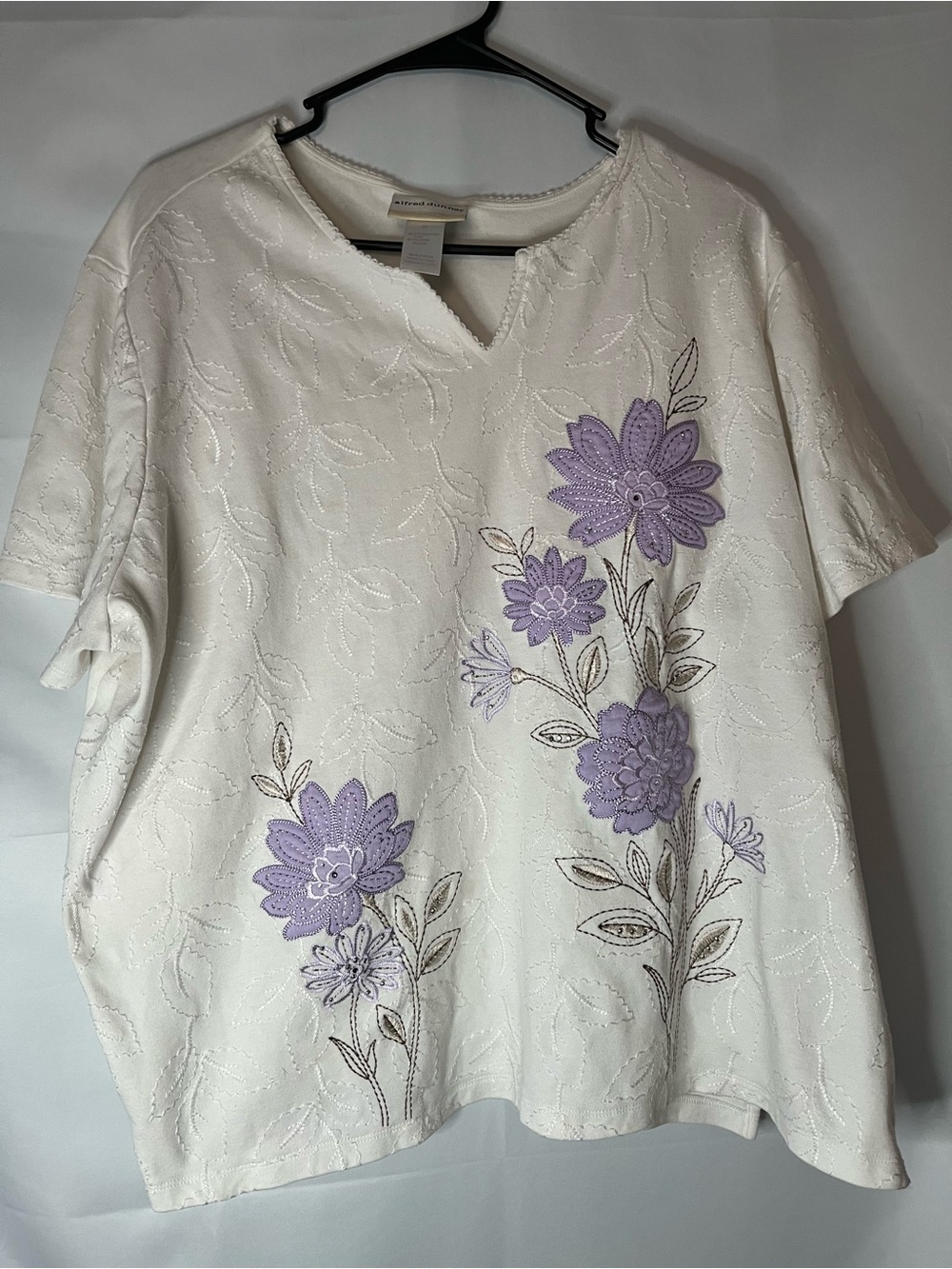 Alfred Dunner White Short-Sleeve Top with Lavender Floral Appliqué